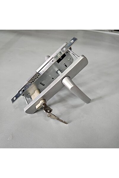 BEŞER ALÜMİNYUM Gümüş Aynalı Alüminyum Kapı Kolu, Kilit ve Barel Takımı 85/35...