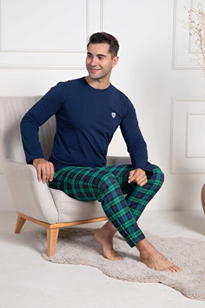 Mecit Pijama Мъжки пижамен комплект с голям размер, тъмносин кариран Mecit 3051