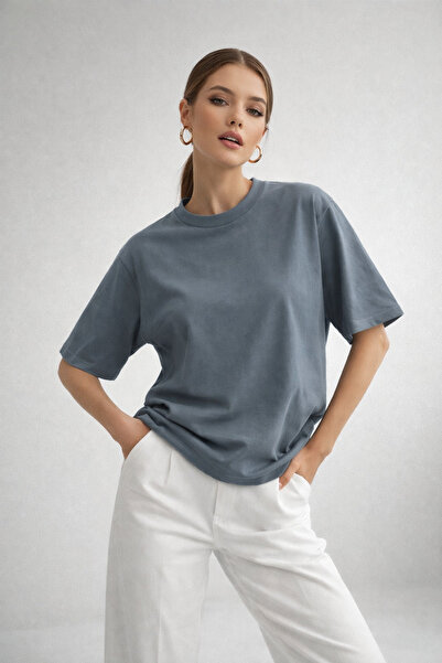 Rich Women's Smoked 100% Cotton Oversized Basic T-Shirt – Comfortable Fit Rel...