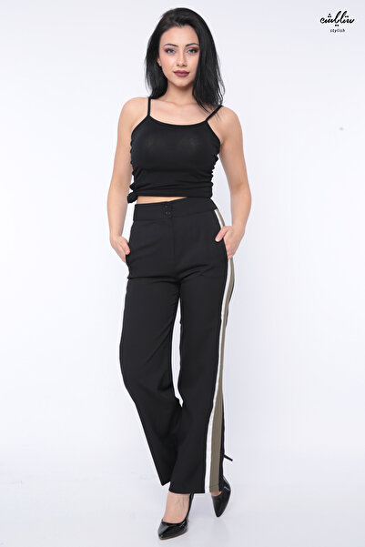 Stylish Women's black trousers with an olive and white stripe