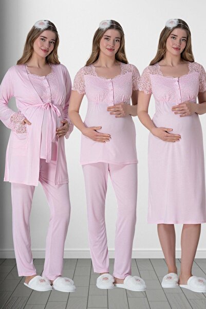 Mecit Pijama Mecit 6062 Pembe Sabahlıklı Gecelik Pijama Lohusa Set