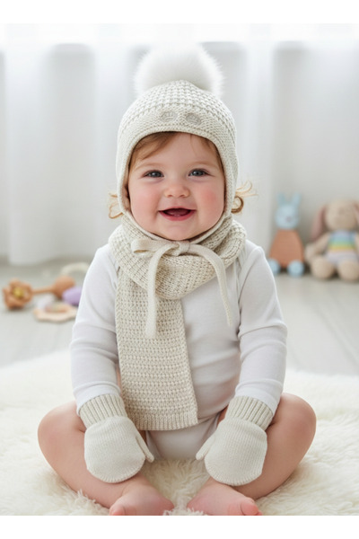 Kitti 0-18 Aylık Kız Bebek Polarlı Atkı Bere Eldiven-Ekru