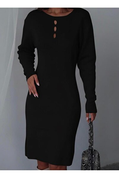 Maysev Bisiklet Yaka Cut Out Detaylı Slim Fit Midi Triko Elbise