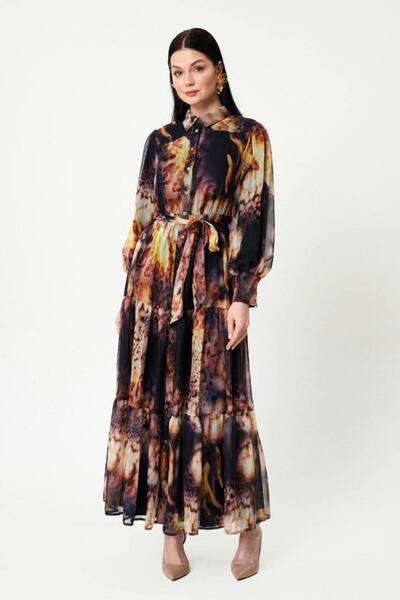 Jupe Kadın Kuşaklı Şifon Gömlek Yaka Elbise 7245