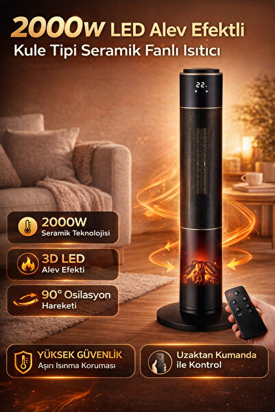 homenter Voltomat 2000W LED Alev Efektli Kule Tipi Seramik Fanlı Isıtıcı | Uz...