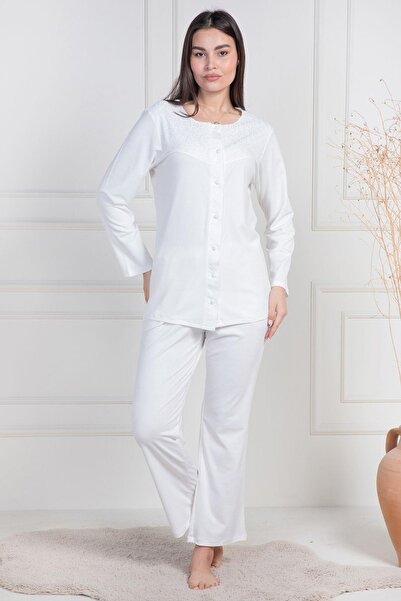 Mecit Pijama طقم بيجامة بأزرار كبيرة الحجم للنساء من Mecit 6105 Ecru
