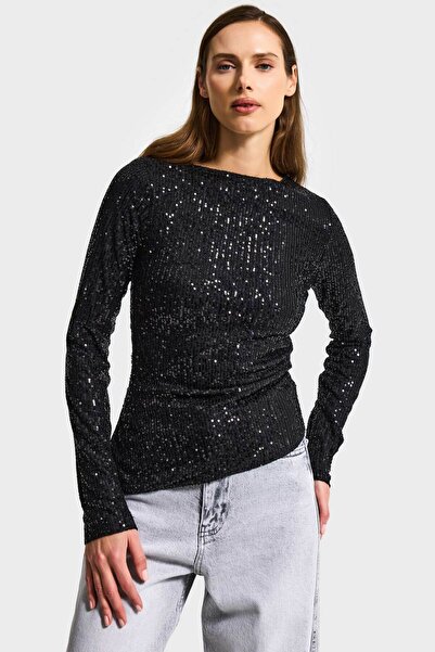 it's basic Women's Black Silver Color Sequin Detailed Lined Design Blouse