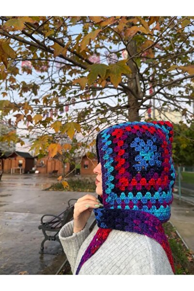 pun dore El Örgüsü Balaclava (Kapüşonlu Bere & Boyunluk) batik desen şapka