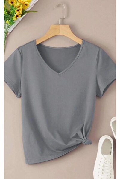 MODAGEN Kadın Duman Gri V yaka Regular T-shirt