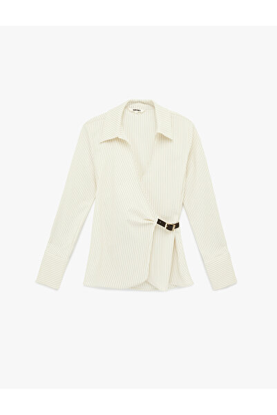 Koton Double-Breasted Striped Shirt with Half Belt Detail and Long Sleeves