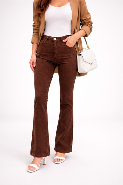 DELDNM Sieana Women's Brown High Waist Stretch Fabric Flare Flared Trend Jean