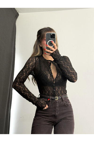 nona butik Bluză din dantelă cu nasturi June - Negru