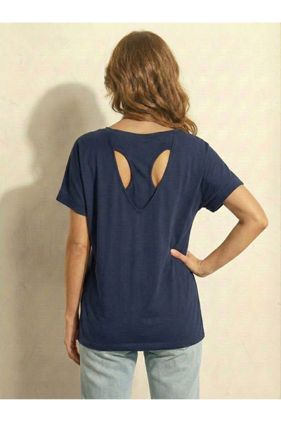 NEW JOURNAL Women's Navy Blue Casual Open Back Detailed Oversized Tunic Tshir...