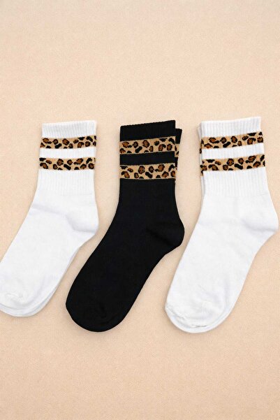 KAYLANIN DÜNYASI Leopar Desenli Kadın Çorap 3’lü Set Siyah Beyaz Atletik Soke...