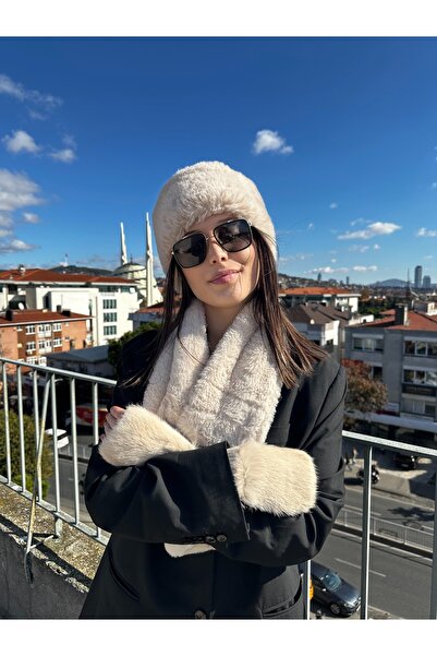 Mollycrush Women's Beige Plush Bucket Hat Scarf Gloves |   3-Piece Premium Set