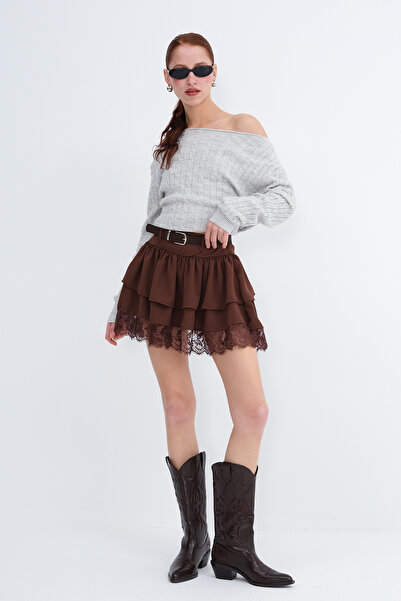 Addax Belted Lace Detail Mini Skirt E1425