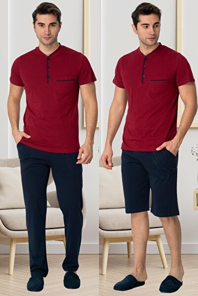 Mecit Pijama Mecit 2769 Burgundy Plus Size Men's Pajama Set with Shorts
