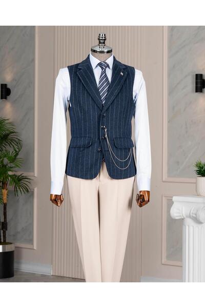 TerziAdemAltun Italian style mono lapel striped stamp pocket vest navy blue t...