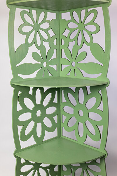 Amco Suport de colț din lemn, 90x37 cm, 4 rafturi, decor floral 3D, verde mentol