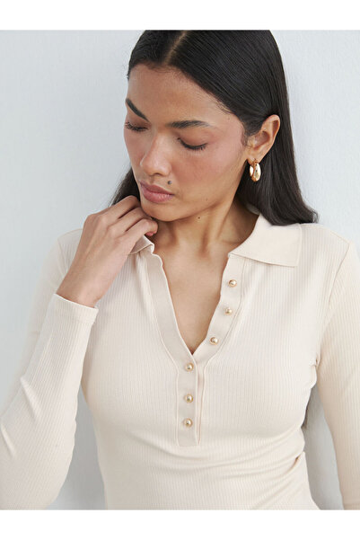 LC Waikiki Ekru Polo Yaka Fitilli Kadın Body