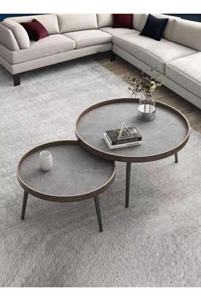 Raffine طقم طاولات قهوة متداخلة حديثة مكون من قطعتين، بسطح خشبي وأرجل معدنية،...