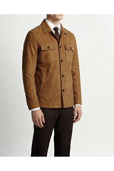 TerziAdemAltun Italian Style S Slim Fit Polo Collar Suede Men's Coat Brown T1...