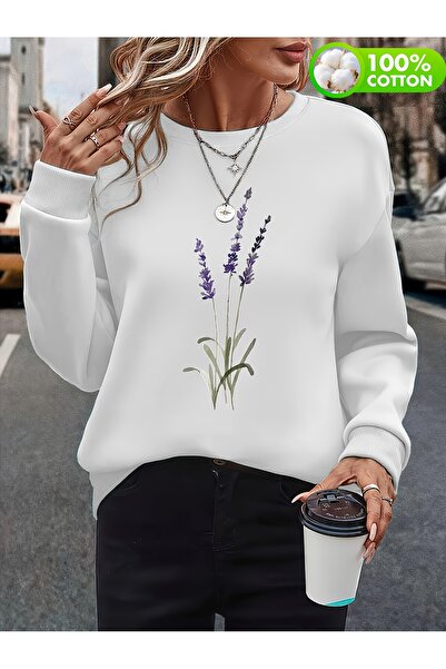 Deocept Mix Printed Crew Neck Comfortable Fit White Women's Sweatshirt