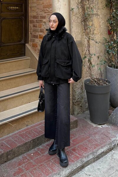 lamelif Fur Collar Pocketed Coat Black