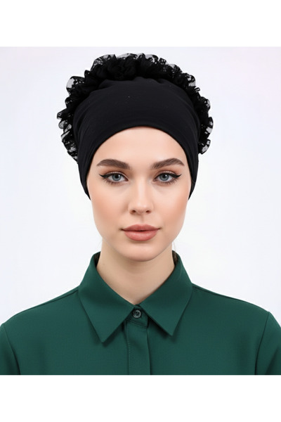 Alivascarf Kaymaz Fırfırlı Siyah Silikonlu Dikişsiz Kaymaz Topuz Bone Kadın T...