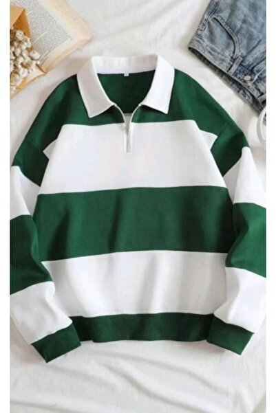 MODAGEN Unisex zeleni prugasti polo dres bez printa sa patentnim zatvaračem i...