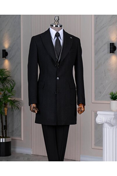 TerziAdemAltun Italian Style S Slim Fit Peaked Lapel Cashmere Men's Coat Blac...