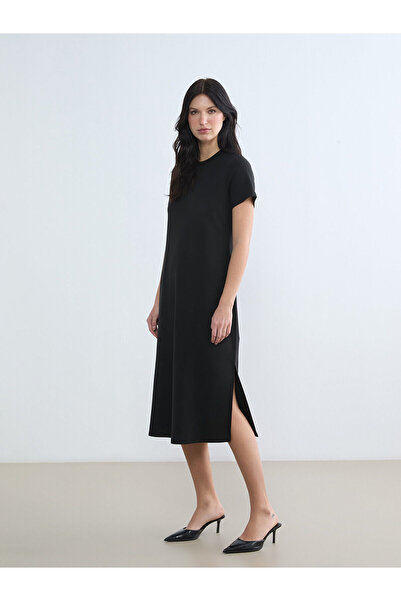 LC Waikiki Black Crew Neck Slit Dress