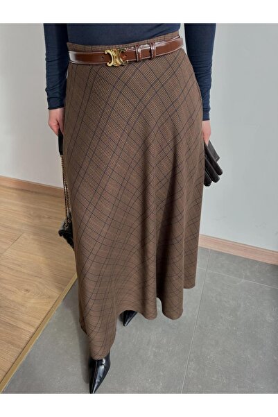 Pulli Collection Καφέ φούστα με καρό σχέδιο και πλαϊνές τσέπες