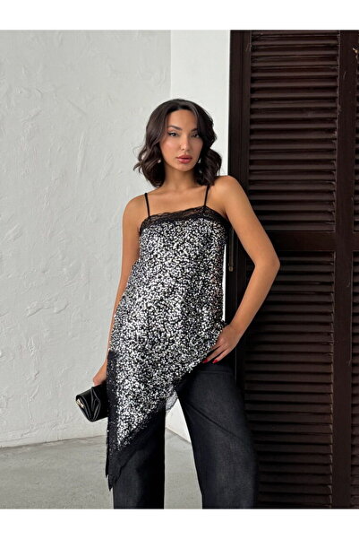 Lady Pixie Lace Detail Strapped Sequin Asymmetric Dress