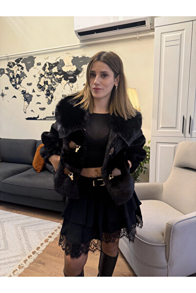 Greenboutique Premium Faux Fur Coat Black with Leather and Button Detail