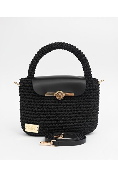 Medine Baazar Kadın El Örgüsü Makrome Omuz Çantası - Deri Kapaklı Hasır Görün...