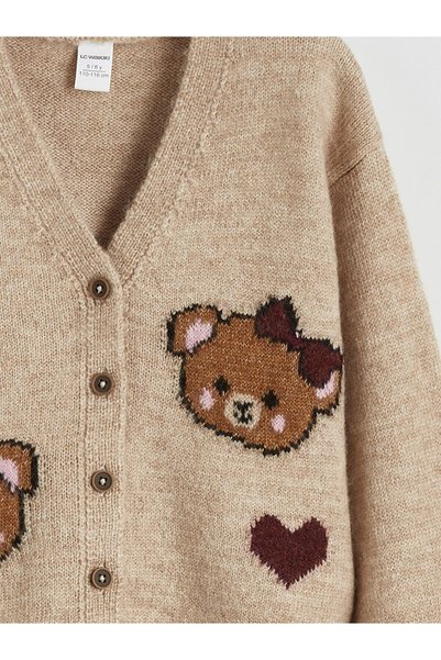LC Waikiki Brown v-neck patterned girl's knitted cardigan