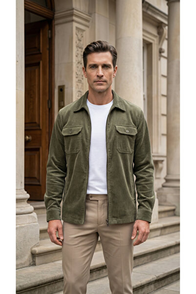 alenmeza Cămașă pentru bărbați, de culoare verde kaki, cu fermoar, cu buzunar...