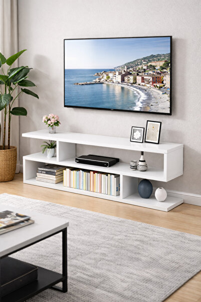 KORVEA Modern Beyaz TV Ünitesi | Açık Raflı Minimal Televizyon Sehpası 80x20 ...