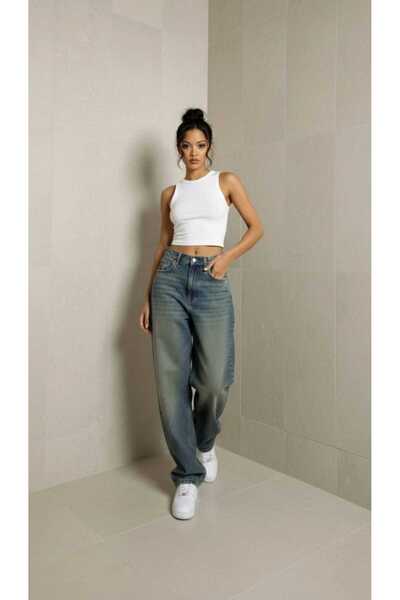 Trn JNS Blugi Avril Baggy Acid Wash, cu detaliu cu cataramă, în nuanță verde,...