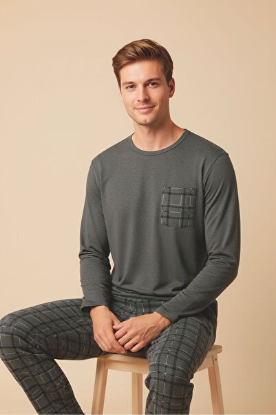 STELLAPİNK Erkek Penye Ekoseli Pijama Takımı