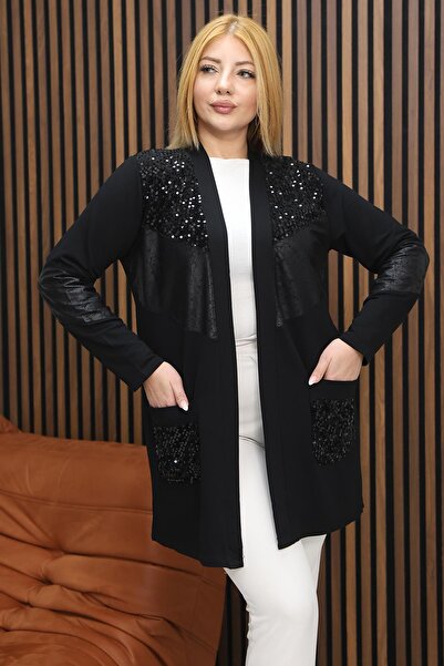 Siyezen Büyük Beden Pul İşlemeli Deri Detaylı Şık Hırka