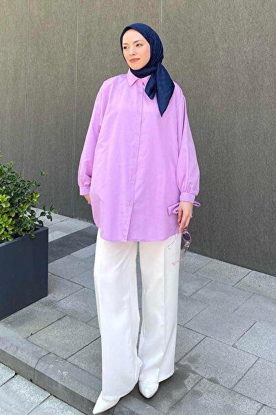 lamelif Sleeve Detailed Shirt Oversized Shirt Lilac