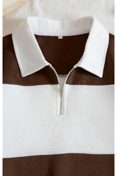 MODAGEN Unisex Kahverengi Çizgili Baskısız Fermuarlı Polo Yaka Oversize Sweatshirt