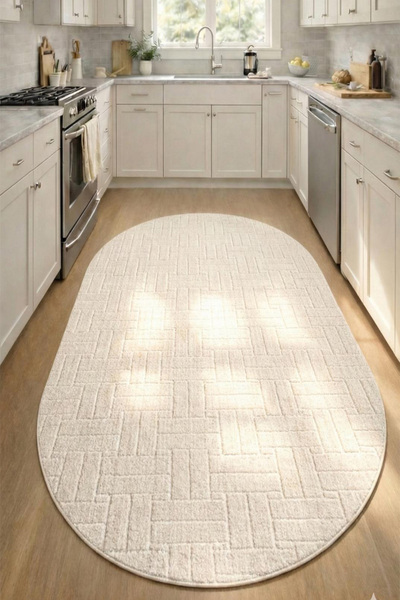 Raschel Carpet Oval Yıkanabilir Leke Tutmaz Moopy Krem Mutfak Halısı Kaymaz T...
