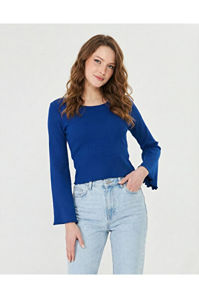 ESPİNA Women's Round Neck, Sleeves and Skirt Overlock Detailed Ribbed Knit Lo...