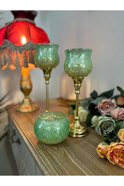 DoraHomeDekor İTALYAN CAM YEŞİL ŞAMDAN 3 LÜ SET (ÇATLATMA MODEL)