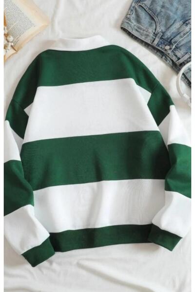 MODAGEN Unisex Yeşil Çizgili Baskısız Fermuarlı Polo Yaka Oversize Sweatshirt