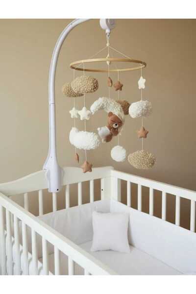 Uyuyan Ayıcık ve teddy Bulut temalı Ahşap bebek beşik dönencesi El yapımı