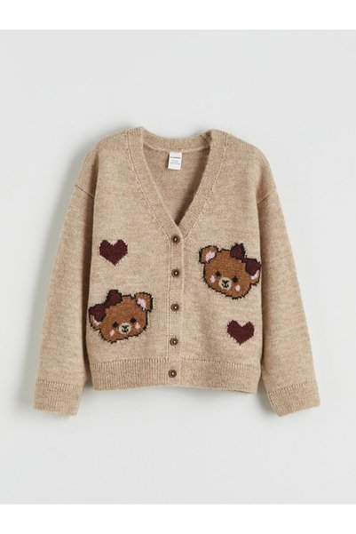 LC Waikiki Brown v-neck patterned girl's knitted cardigan
